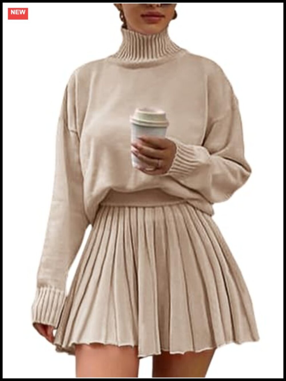 Turtleneck Sweater & Pleated Skirt Two Piece Set - Women's Fall Outfit
